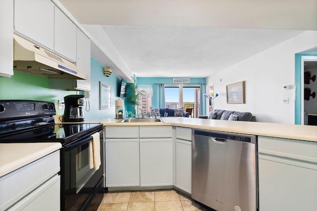 kitchen featuring open floor plan, dishwasher, light countertops, black electric range, and a sink