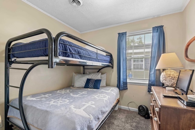 carpeted bedroom featuring crown molding and a textured ceiling