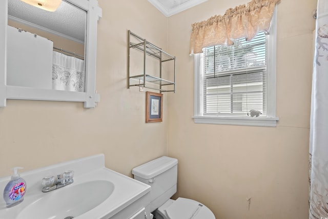 bathroom featuring vanity, ornamental molding, toilet, and a textured ceiling