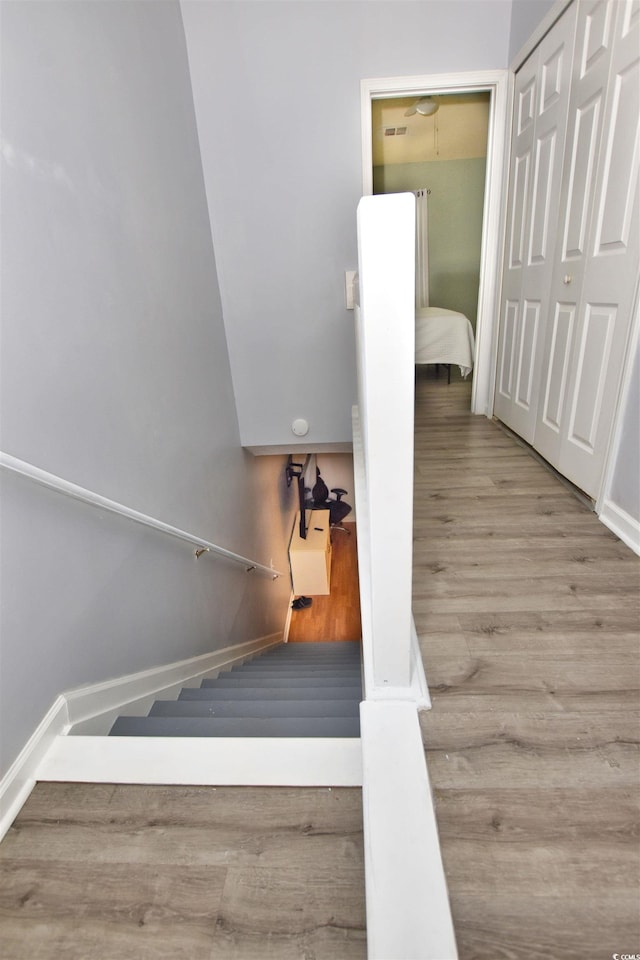 stairway featuring wood-type flooring