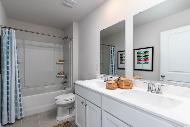 full bathroom featuring toilet, vanity, shower / bathtub combination with curtain, and tile patterned flooring