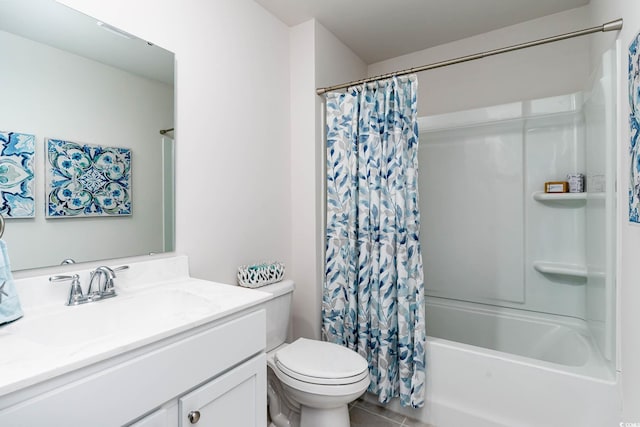 full bathroom with toilet, shower / bathtub combination with curtain, and vanity