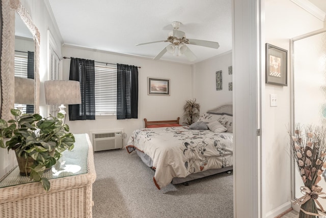 bedroom featuring carpet, a wall mounted air conditioner, crown molding, and ceiling fan