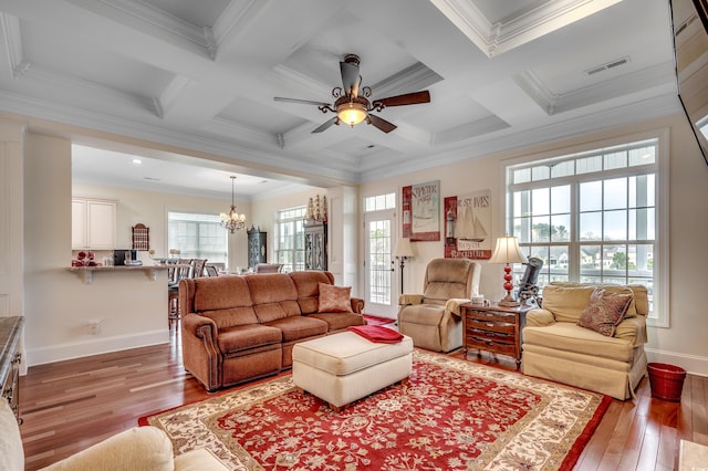 living room featuring hardwood / wood-style flooring, ceiling fan with notable chandelier, beam ceiling, and coffered ceiling