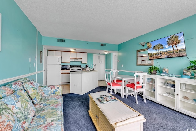 carpeted living room featuring visible vents, a sink, and a textured ceiling