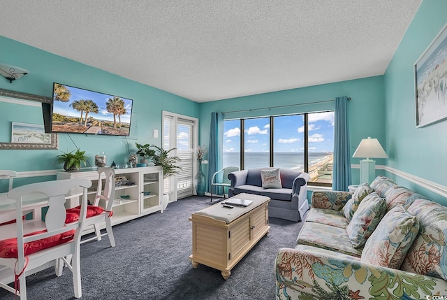 living area featuring dark carpet and a textured ceiling