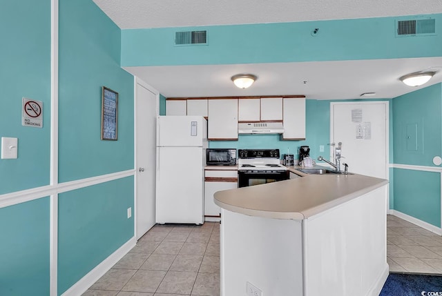 kitchen with light tile patterned flooring, white cabinetry, white appliances, sink, and kitchen peninsula