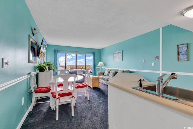 living room featuring a textured ceiling, baseboards, and carpet flooring