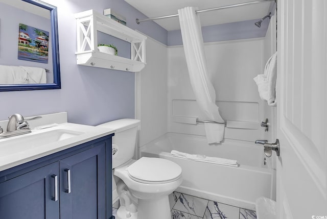 full bathroom with shower / tub combo, marble finish floor, vanity, and toilet