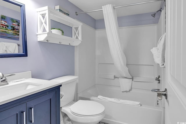 bathroom with toilet, shower / bathtub combination with curtain, and vanity