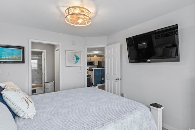 bedroom with black fridge
