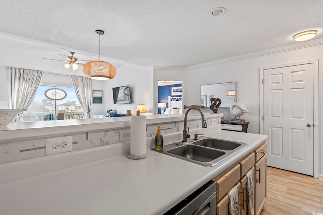kitchen with sink, a textured ceiling, decorative light fixtures, light wood-type flooring, and crown molding