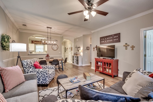 living room with ornamental molding and light hardwood / wood-style floors