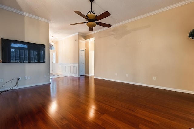 unfurnished living room with crown molding, dark hardwood / wood-style flooring, and ceiling fan