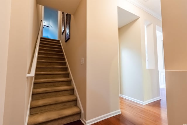 stairs featuring crown molding and wood-type flooring