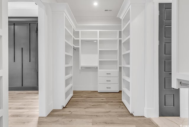 spacious closet featuring light hardwood / wood-style flooring and elevator