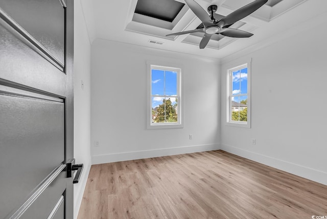 unfurnished bedroom with coffered ceiling, wood finished floors, baseboards, a ceiling fan, and beamed ceiling