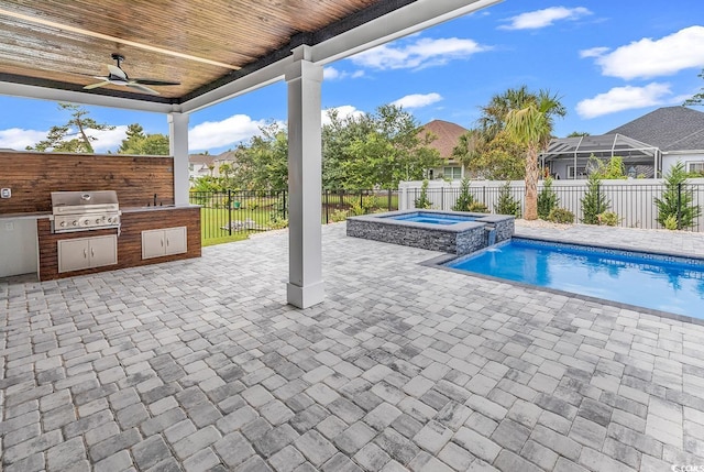 view of swimming pool with area for grilling, grilling area, a fenced backyard, a ceiling fan, and a patio area