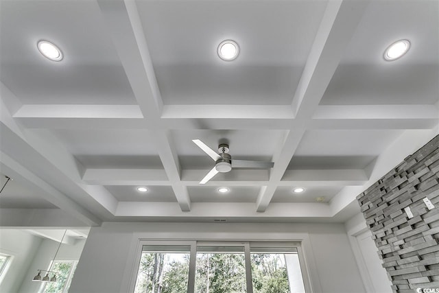 interior details featuring beamed ceiling, coffered ceiling, and ceiling fan