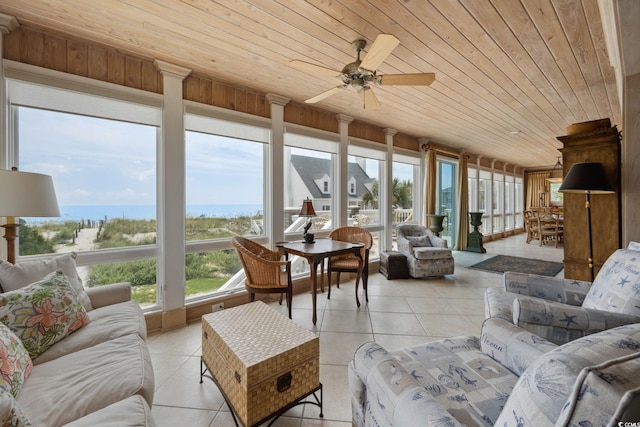 living room featuring light tile patterned floors, a water view, wood ceiling, and a ceiling fan