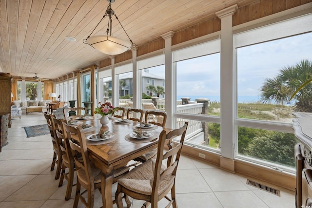 sunroom / solarium featuring wooden ceiling and visible vents