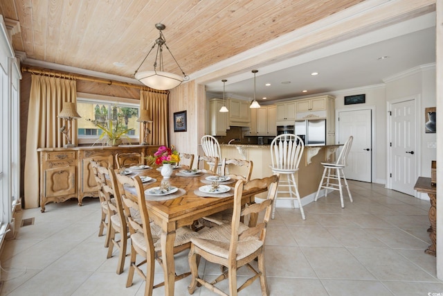 dining space with ornamental molding, recessed lighting, wooden ceiling, and light tile patterned floors