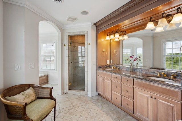 bathroom featuring plenty of natural light, a stall shower, crown molding, and a sink