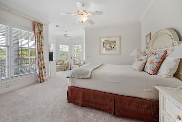 bedroom with ornamental molding, light carpet, ceiling fan, and baseboards