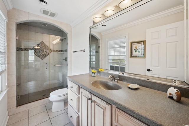 full bath with toilet, visible vents, vanity, a shower stall, and crown molding