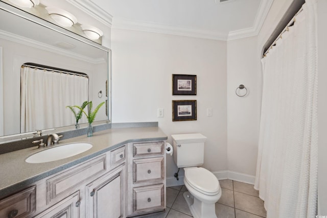 full bathroom with toilet, vanity, baseboards, tile patterned floors, and crown molding