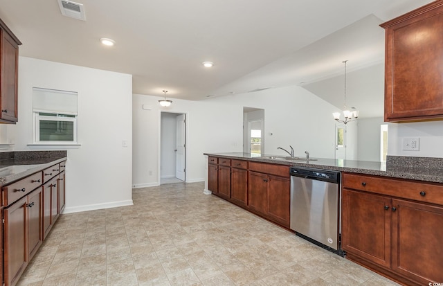 357 Cardita Loop, Myrtle Beach, SC 29588 - kitchen featuring stainless steel dishwasher, a sink, a chandelier, lofted ceiling, and dark stone countertops