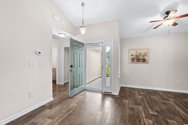 entrance foyer featuring ceiling fan, dark hardwood / wood-style flooring, and lofted ceiling