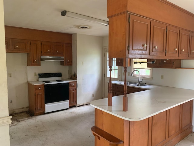 kitchen featuring kitchen peninsula, sink, and electric stove