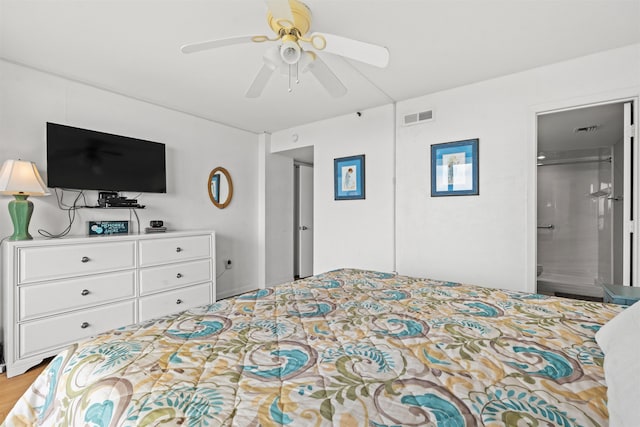 bedroom with a closet, ceiling fan, and light wood-type flooring