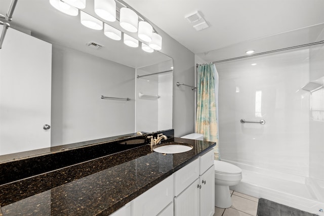 full bathroom with vanity, tile patterned floors, toilet, and shower / bath combination with curtain