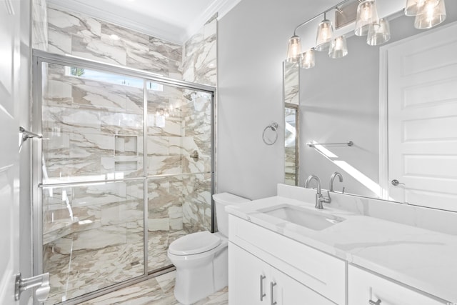 bathroom featuring ornamental molding, toilet, walk in shower, and vanity