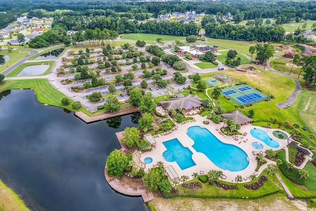 bird's eye view with a water view