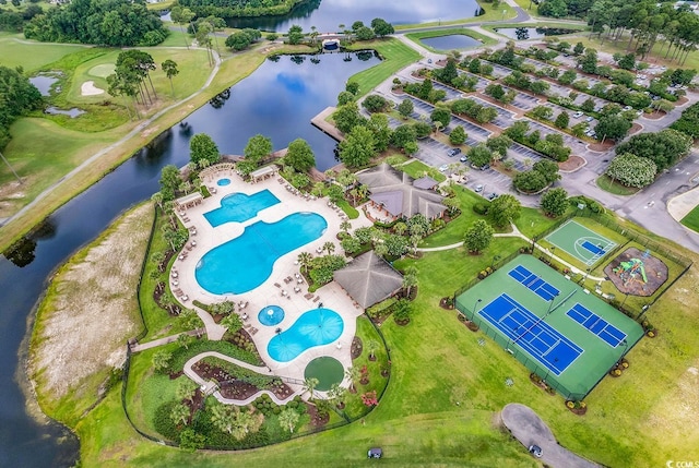 aerial view featuring a water view