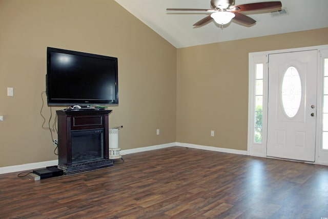 entryway featuring dark wood-type flooring, ceiling fan, and lofted ceiling