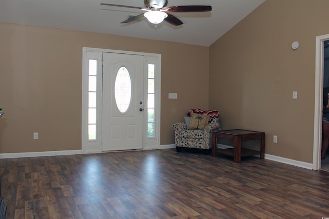 foyer with dark wood-type flooring, ceiling fan, and lofted ceiling