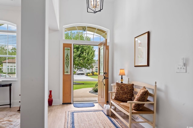 foyer with a high ceiling, crown molding, light hardwood / wood-style floors, and a notable chandelier