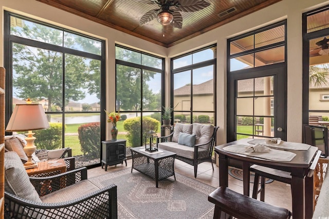 sunroom with wood ceiling, ceiling fan, a wood stove, and a water view