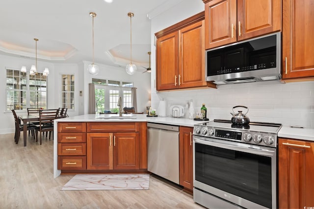 kitchen with a raised ceiling, light hardwood / wood-style flooring, appliances with stainless steel finishes, crown molding, and sink