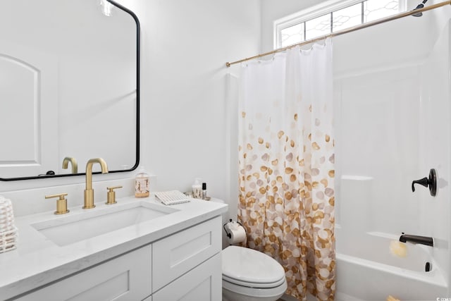 full bathroom with vanity, toilet, and shower / bathtub combination with curtain