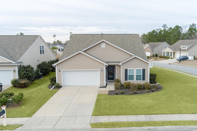 single story home with a front yard and a garage