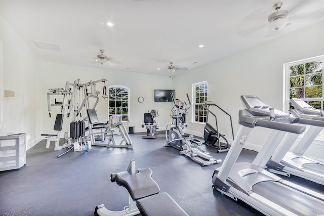 workout area featuring plenty of natural light and ceiling fan