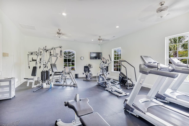 exercise room featuring ceiling fan