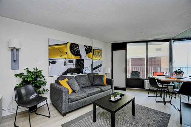 living room with light hardwood / wood-style flooring and a textured ceiling