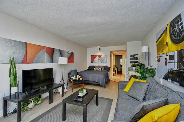 living room with a textured ceiling and wood-type flooring