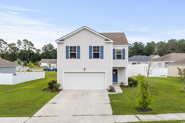 view of front of property featuring an attached garage, fence, a front lawn, and concrete driveway